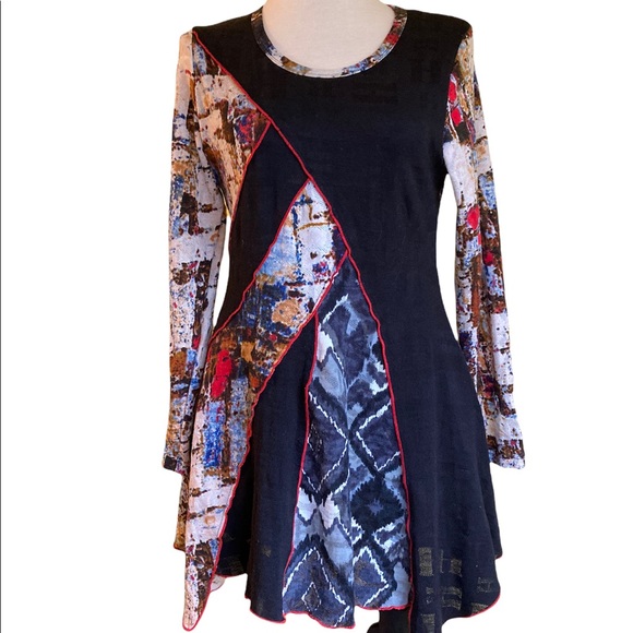 Paris, multicolored tunic, short dress, patchwork, uneven hem, stretchy, L - Picture 4 of 11